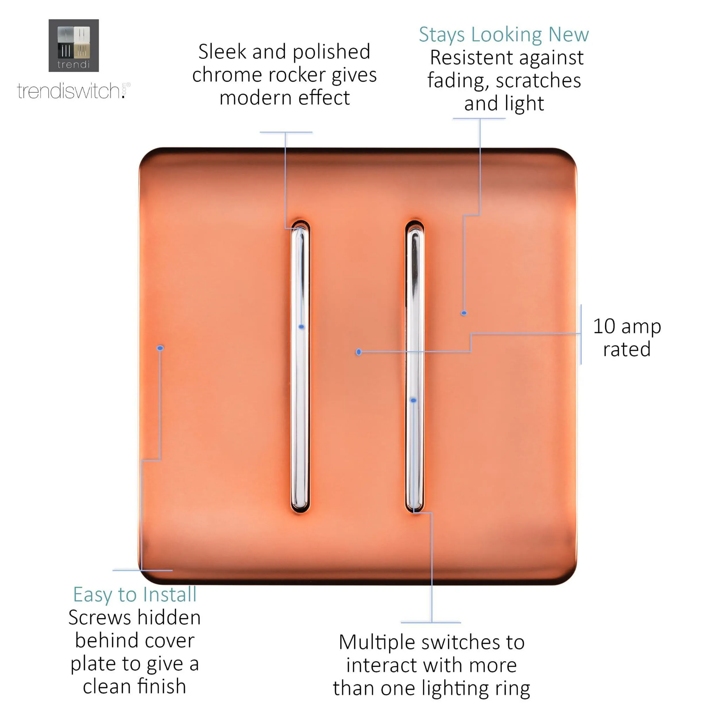 2 Gang 2 Way 10 Amp Rocker Copper ART-SS4CPR  Trendi Copper